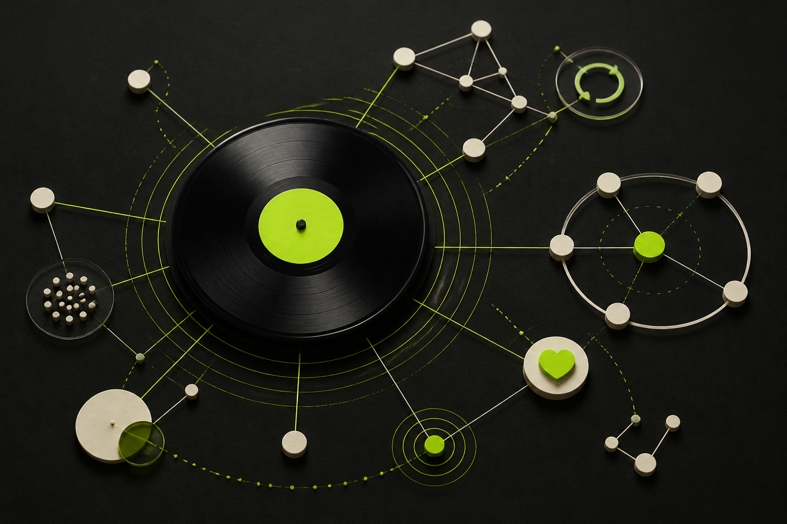Vinile collegato a una rete di ascoltatori, salvataggi e percorsi di scoperta musicale
