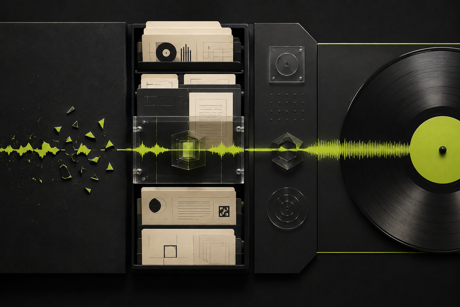 Onda audio interrotta che viene ricostruita attraverso documenti e archivi musicali