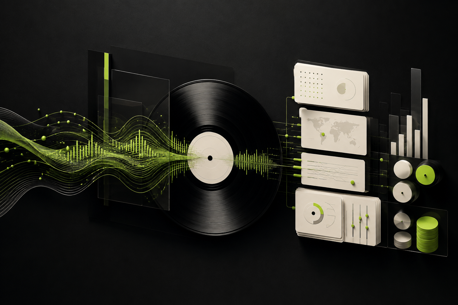 Flusso di dati musicali tra un vinile, rendiconti e indicatori di ricavo